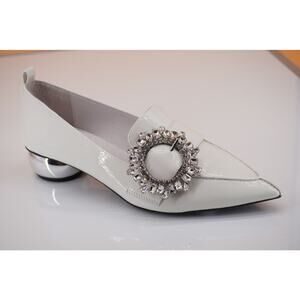 Jeffrey Campbell Viona White Patent Pointy Pump SZ 7 Crystal Buckle Wedding $175